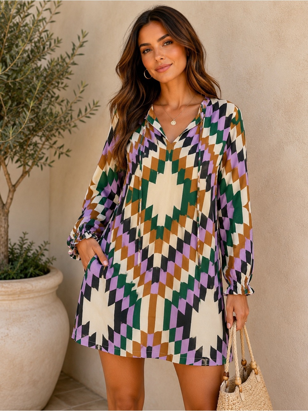 VILAGALLO- Geometric Print Long Sleeve Dress - Cream, Green, Lavender NWT